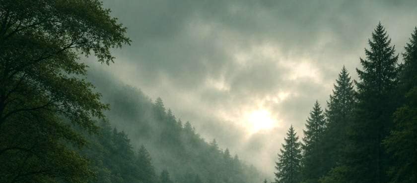 Sonnenlicht bricht durch Nebel über einem Nadelwald